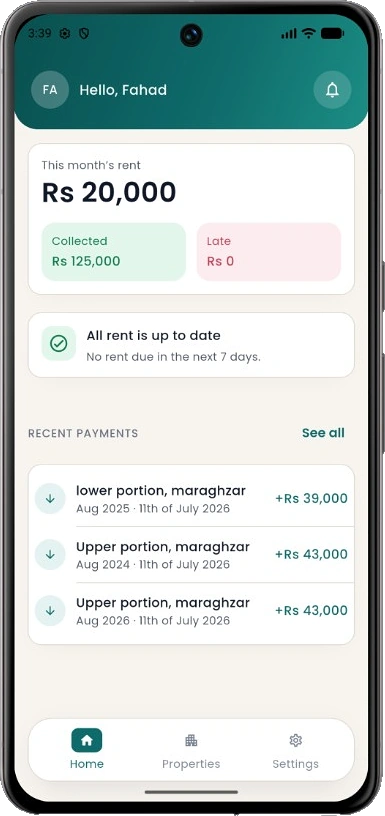 Kiraya Manager dashboard showing this month's rent and recent payments