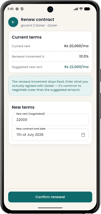 Renew contract screen showing current terms and negotiated new rent