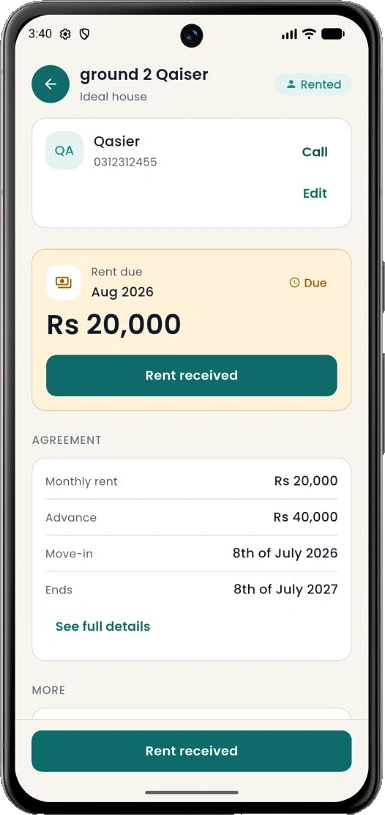 Unit detail with tenant, rent due, and agreement terms
